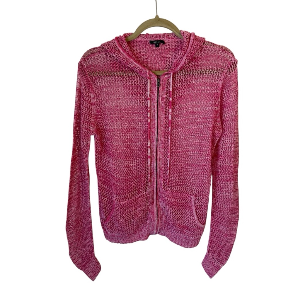 Pure Amici Pink Full Zip Hooded Open Knit Long Sleeve Sweater Women’s Medium